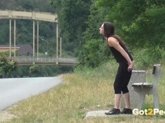 Piss Desperation - Gorgeous babe pees on the ground in public while out jogging Thumb